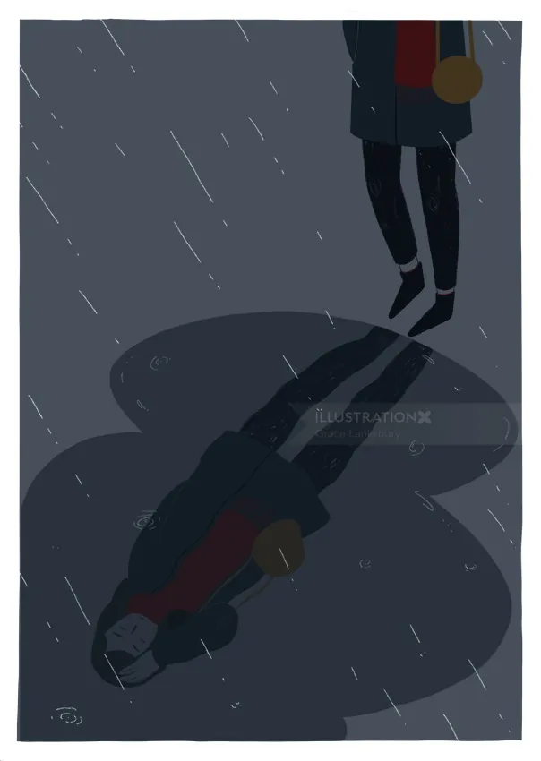 Person standing in rain with shadow on puddle by Grace Lanksbury