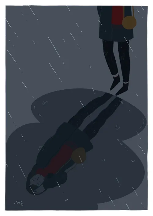 Person standing in rain with shadow on puddle by Grace Lanksbury