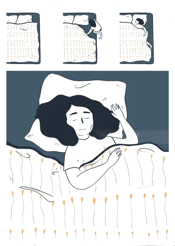 Person resting in bed under a blanket by Grace Lanksbury