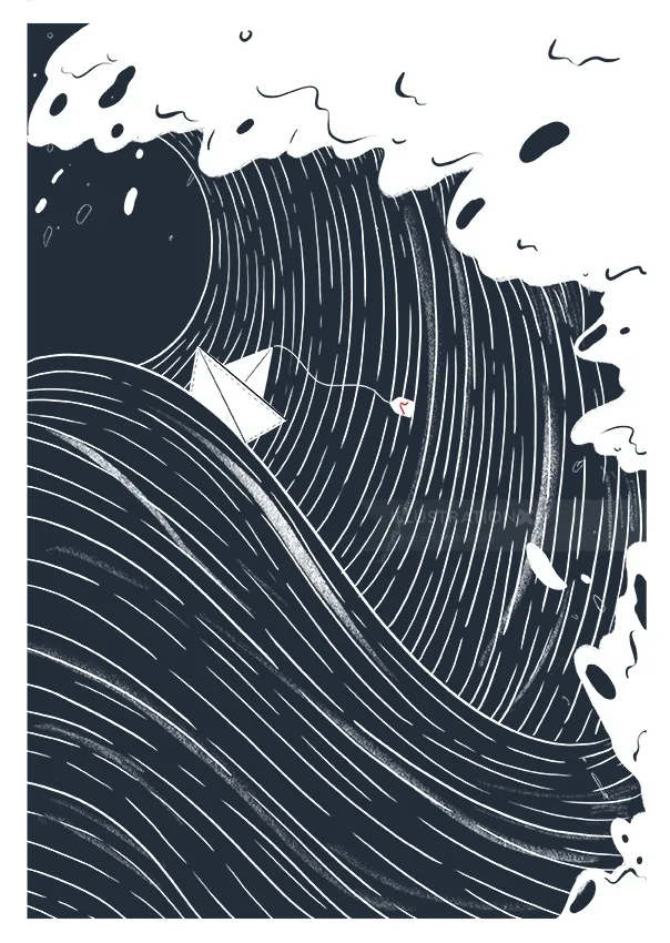 Paper boat struggling on a large swirling ocean wave by Grace Lanksbury