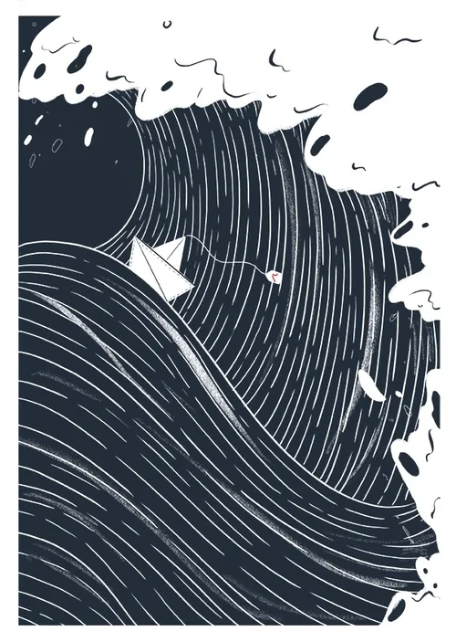 Paper boat struggling on a large swirling ocean wave by Grace Lanksbury