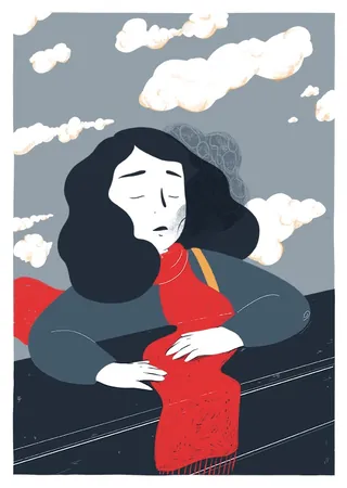 Melancholy woman with dark hair and red scarf under cloudy sky by Grace Lanksbury