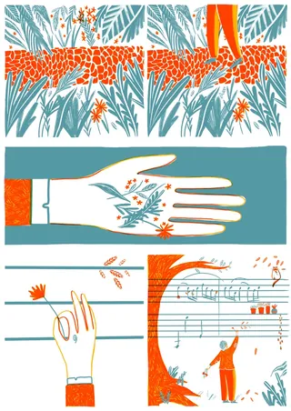 Floral hands and musical notes illustration by Grace Lanksbury