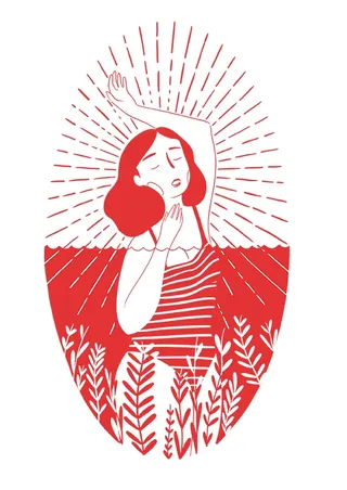 Illustration of a woman with red hair in a field by Grace Lanksbury