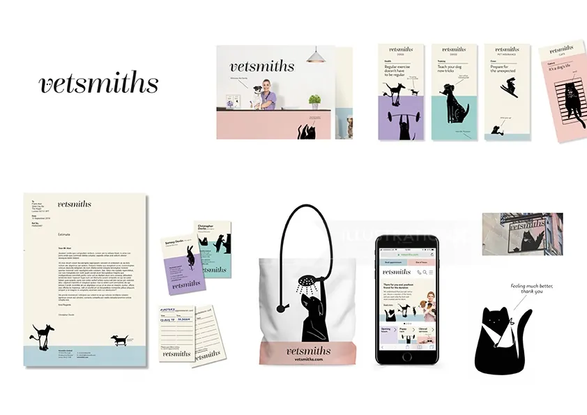 Vetsmiths branding with stationery, packaging, and phone UI by Grace Lanksbury
