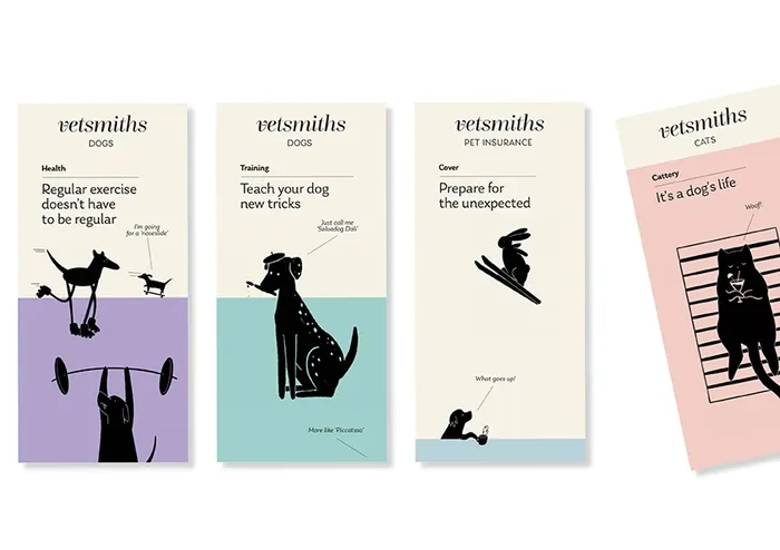 Four Vetsmiths pet care banners with dogs, cats, and training tips by Grace Lanksbury