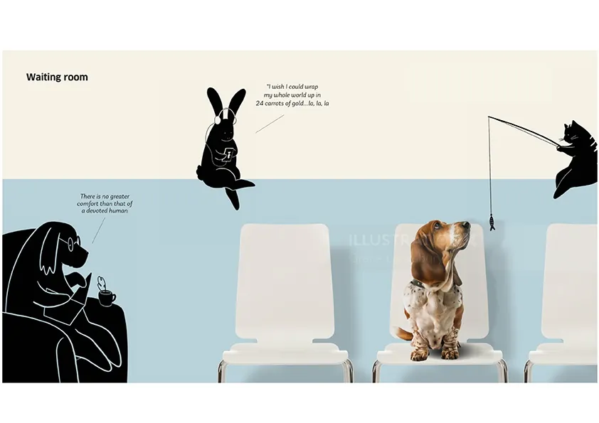 Dog sitting on chair in vet waiting room with animal character silhouettes by Grace Lanksbury