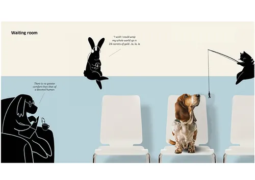 Dog sitting on chair in vet waiting room with animal character silhouettes by Grace Lanksbury