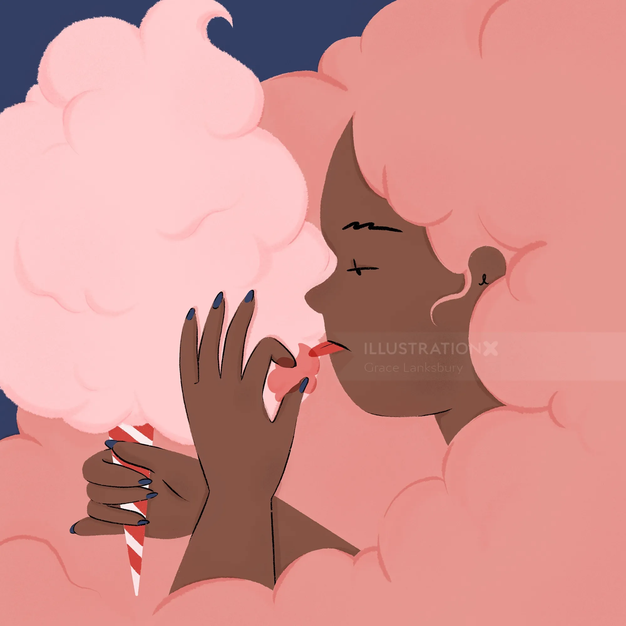 Digital portrait with large pink cotton candy hair by Grace Lanksbury