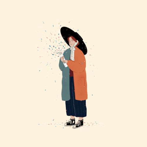 Illustration of a woman with a black umbrella and confetti by Grace Lanksbury