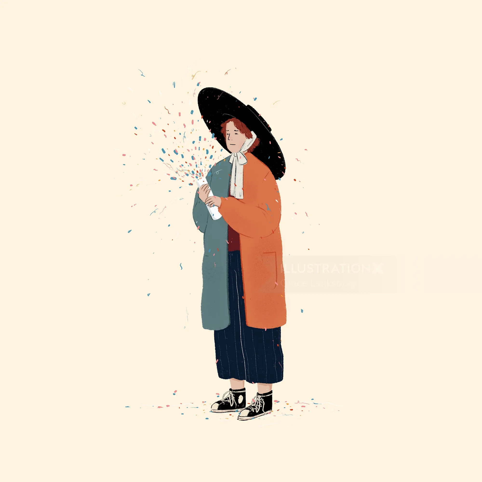 Illustration of a woman with a black umbrella and confetti by Grace Lanksbury
