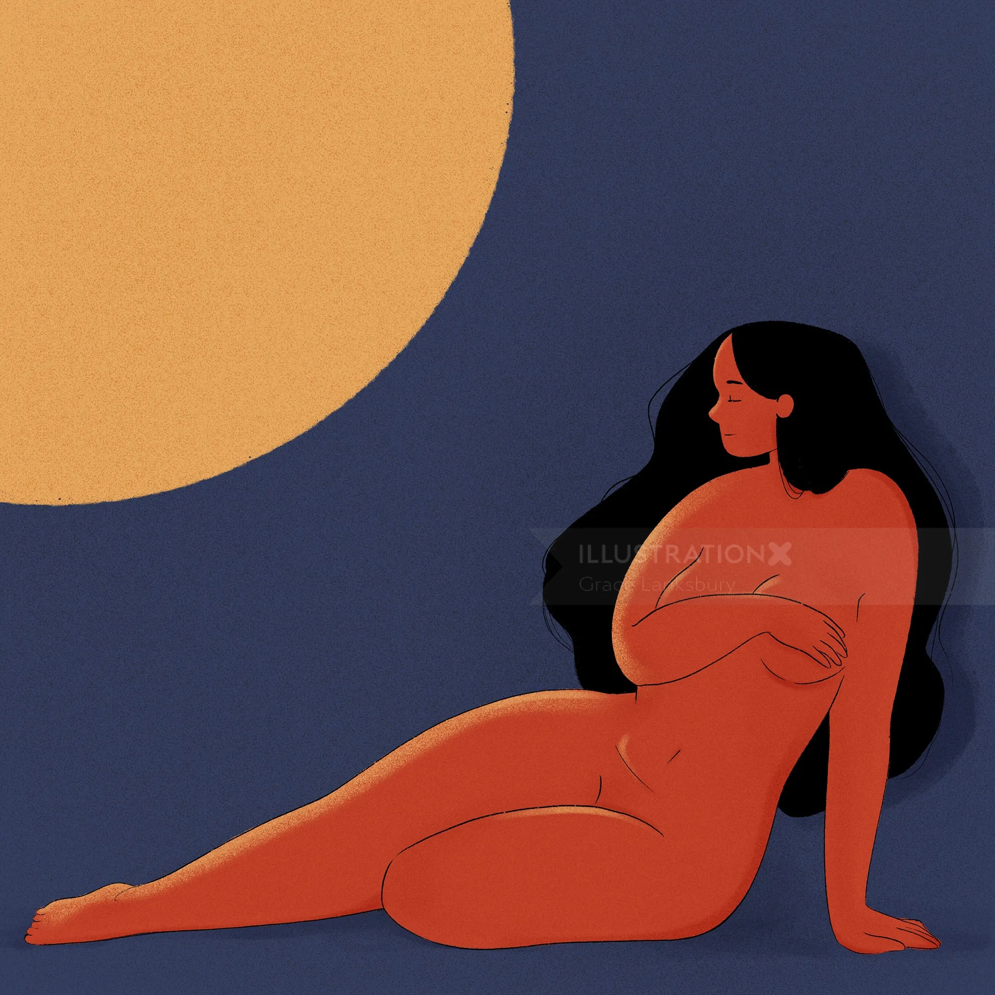Illustration of a nude woman sitting under a large moon by Grace Lanksbury