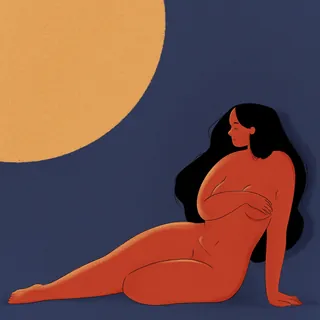 Illustration of a nude woman sitting under a large moon by Grace Lanksbury