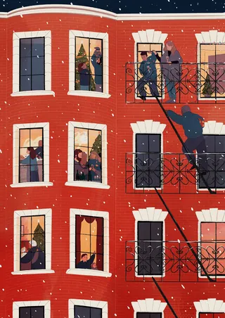 Winter apartment building scene with people inside and outside, artwork by Grace Lanksbury