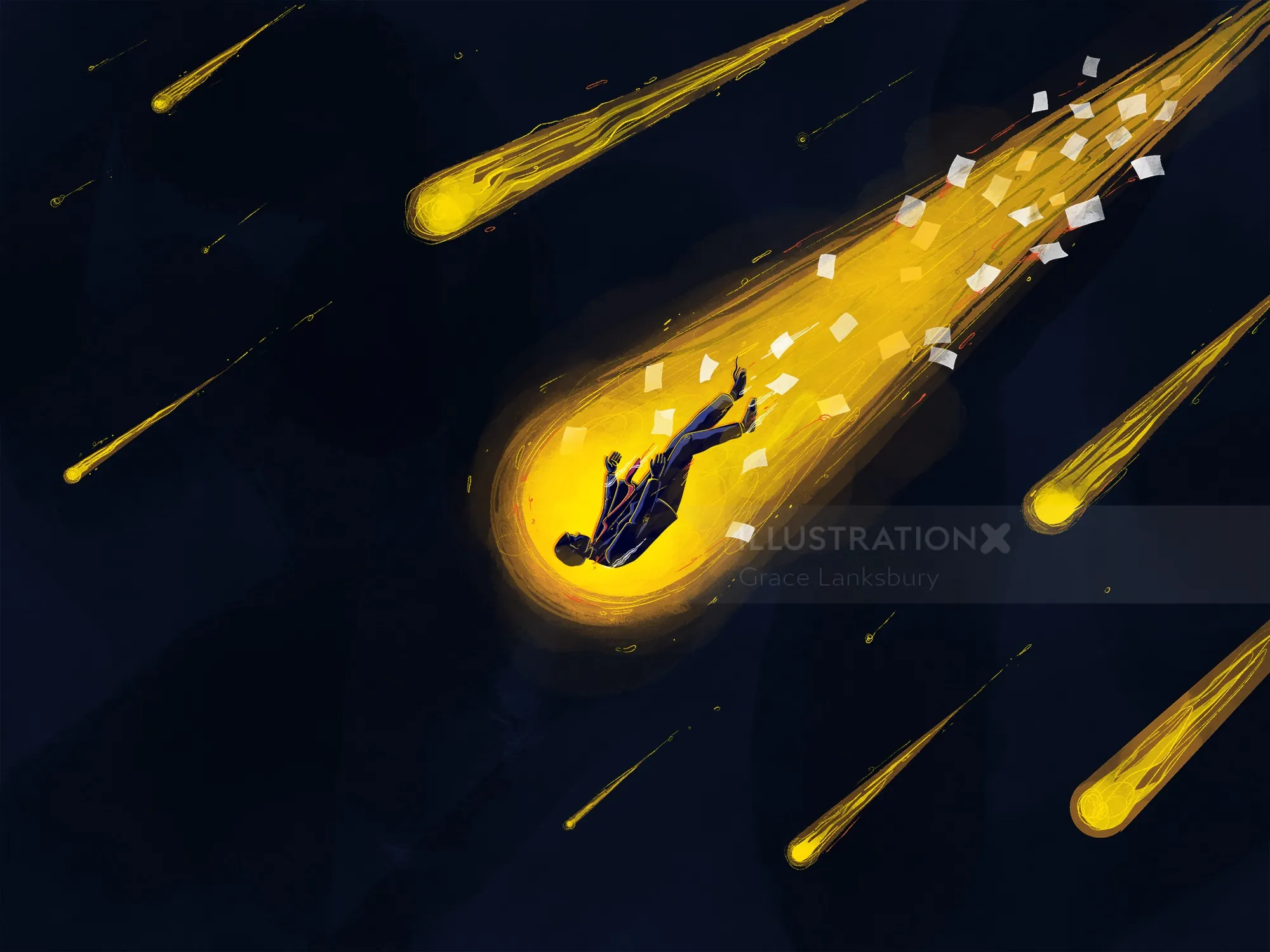 A person falling through a meteor shower in a dark sky by Grace Lanksbury