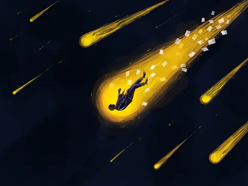 A person falling through a meteor shower in a dark sky by Grace Lanksbury