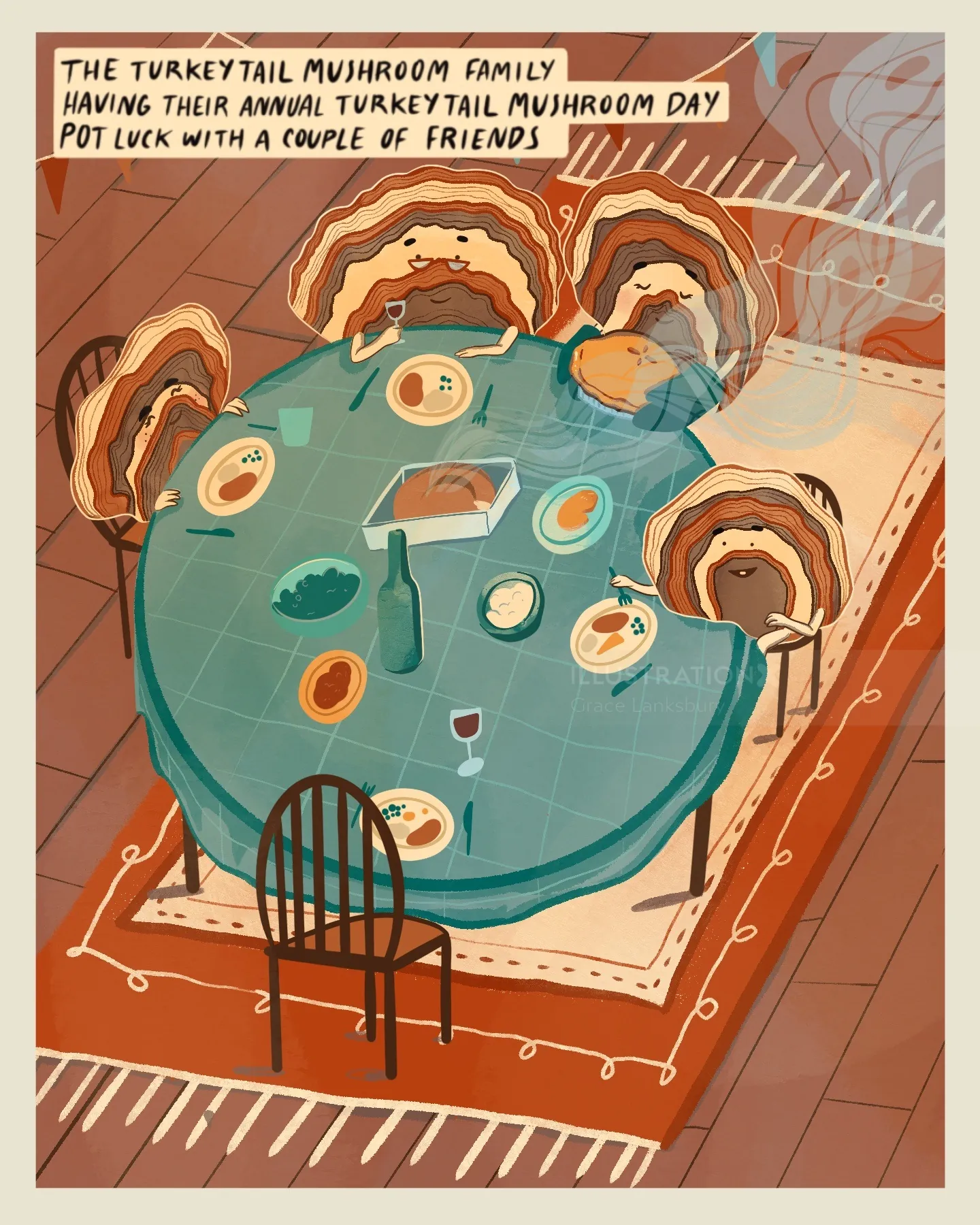 Illustration of turkeytail mushrooms dining around a table by Grace Lanksbury