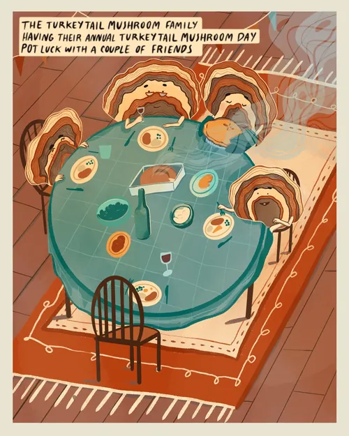 Illustration of turkeytail mushrooms dining around a table by Grace Lanksbury