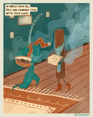 Illustration of cinnamon stick and tulsi plant walking with prayer beads by Grace Lanksbury