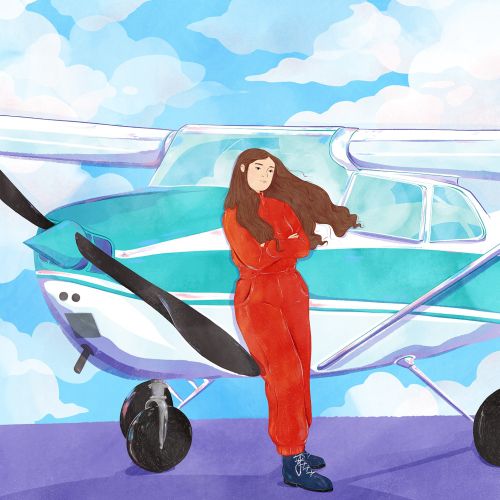 Woman in red jumpsuit standing beside a small airplane, watercolor by Grace Lanksbury