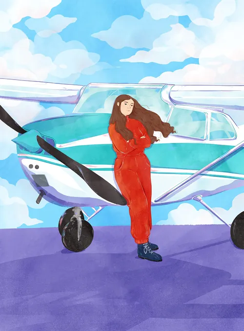 Woman in red jumpsuit standing beside a small airplane, watercolor by Grace Lanksbury