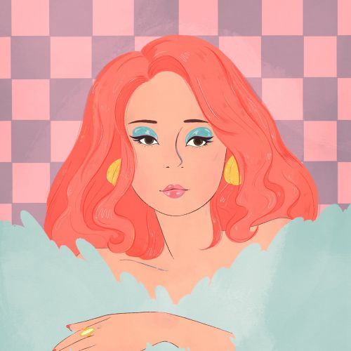 Portrait of woman with pink hair and blue eyes by Grace Lanksbury