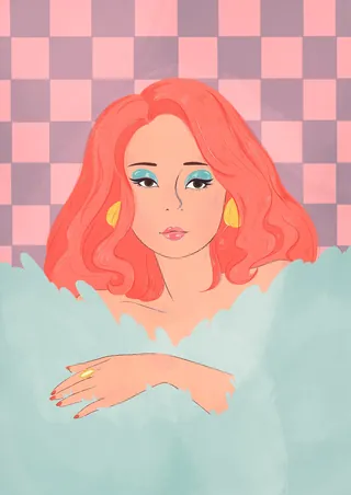 Portrait of woman with pink hair and blue eyes by Grace Lanksbury