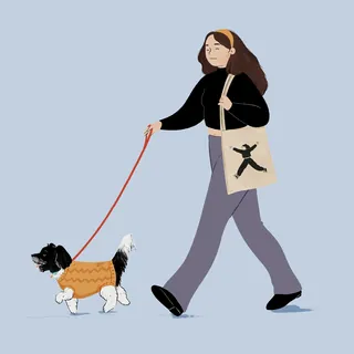 Woman walking a small dog while carrying a tote bag by Grace Lanksbury