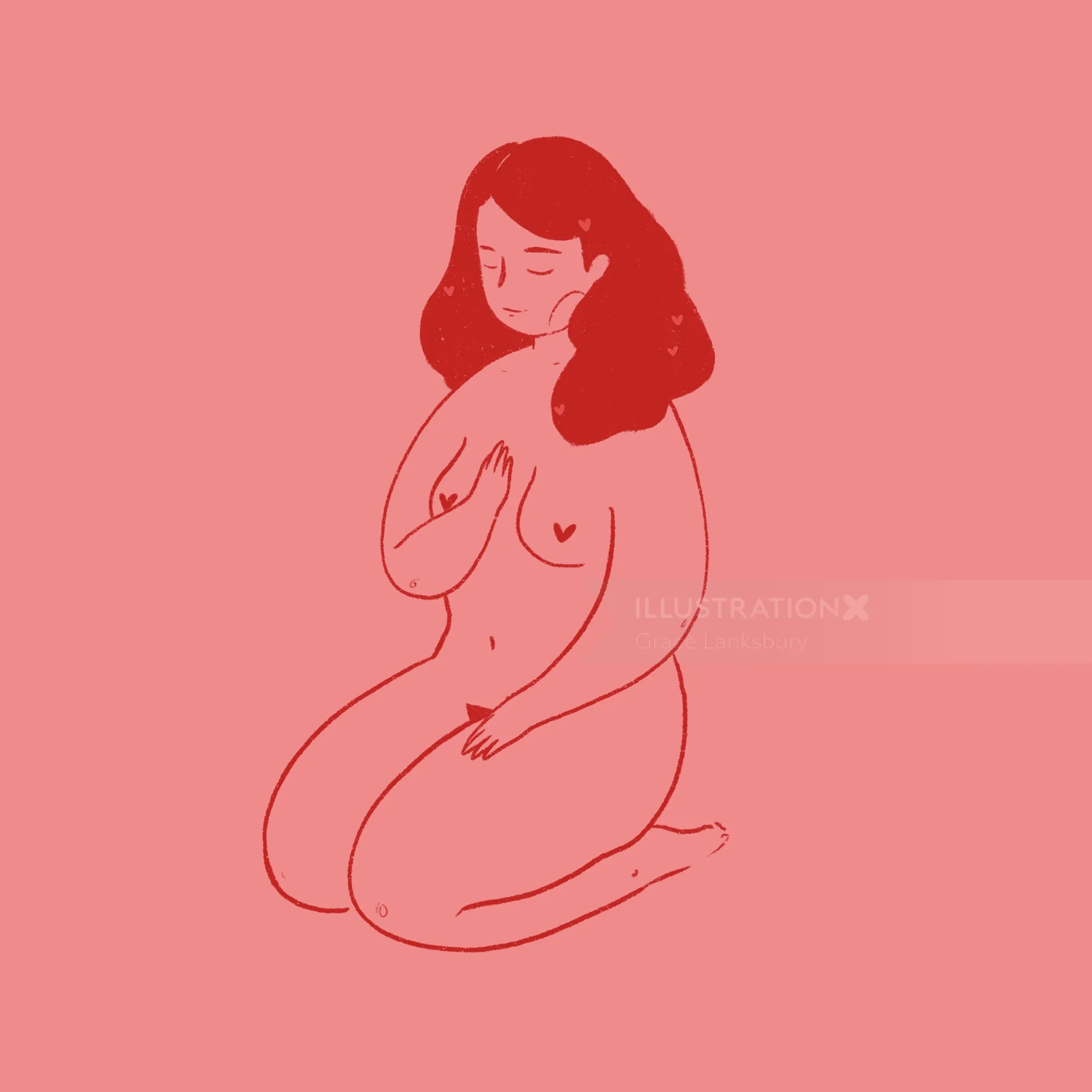 Minimalist nude woman kneeling on pink background by Grace Lanksbury