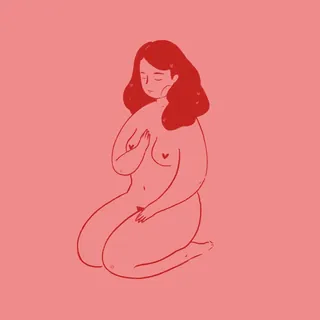 Minimalist nude woman kneeling on pink background by Grace Lanksbury