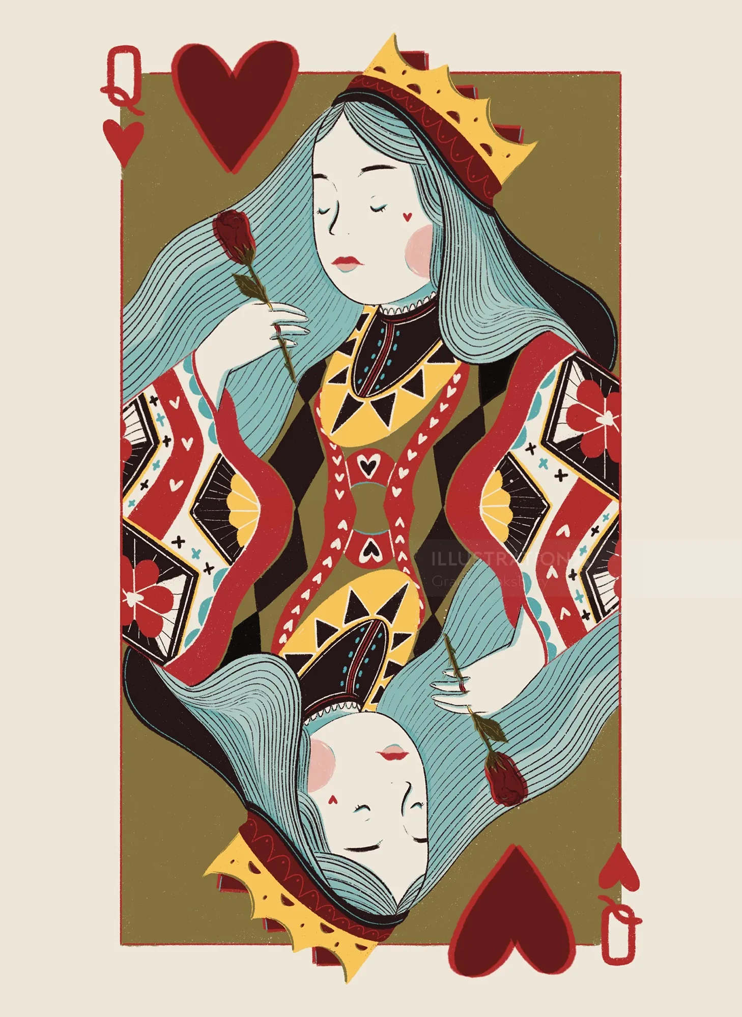 Illustration of Queen of Hearts playing card by Grace Lanksbury