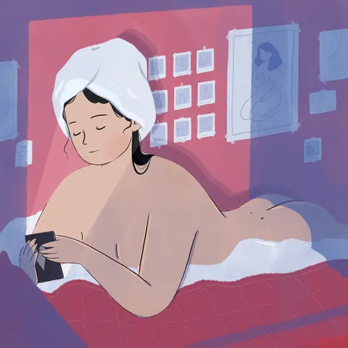 Woman wrapped in towel reading a book in bathroom by Grace Lanksbury