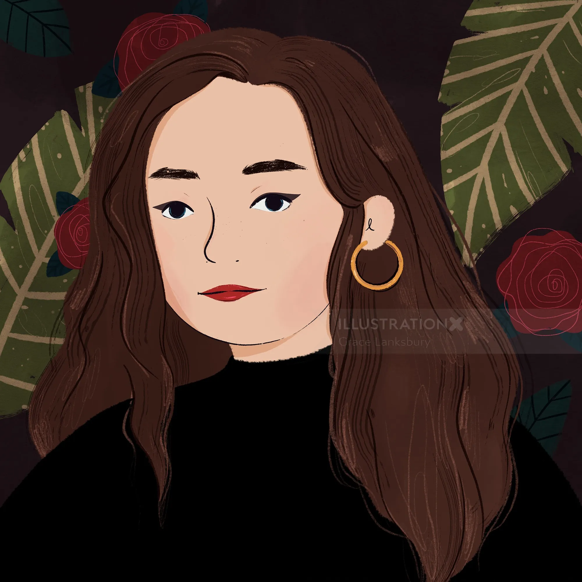 Digital portrait of a woman with long brown hair and hoop earrings by Grace Lanksbury