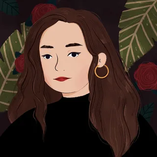 Digital portrait of a woman with long brown hair and hoop earrings by Grace Lanksbury