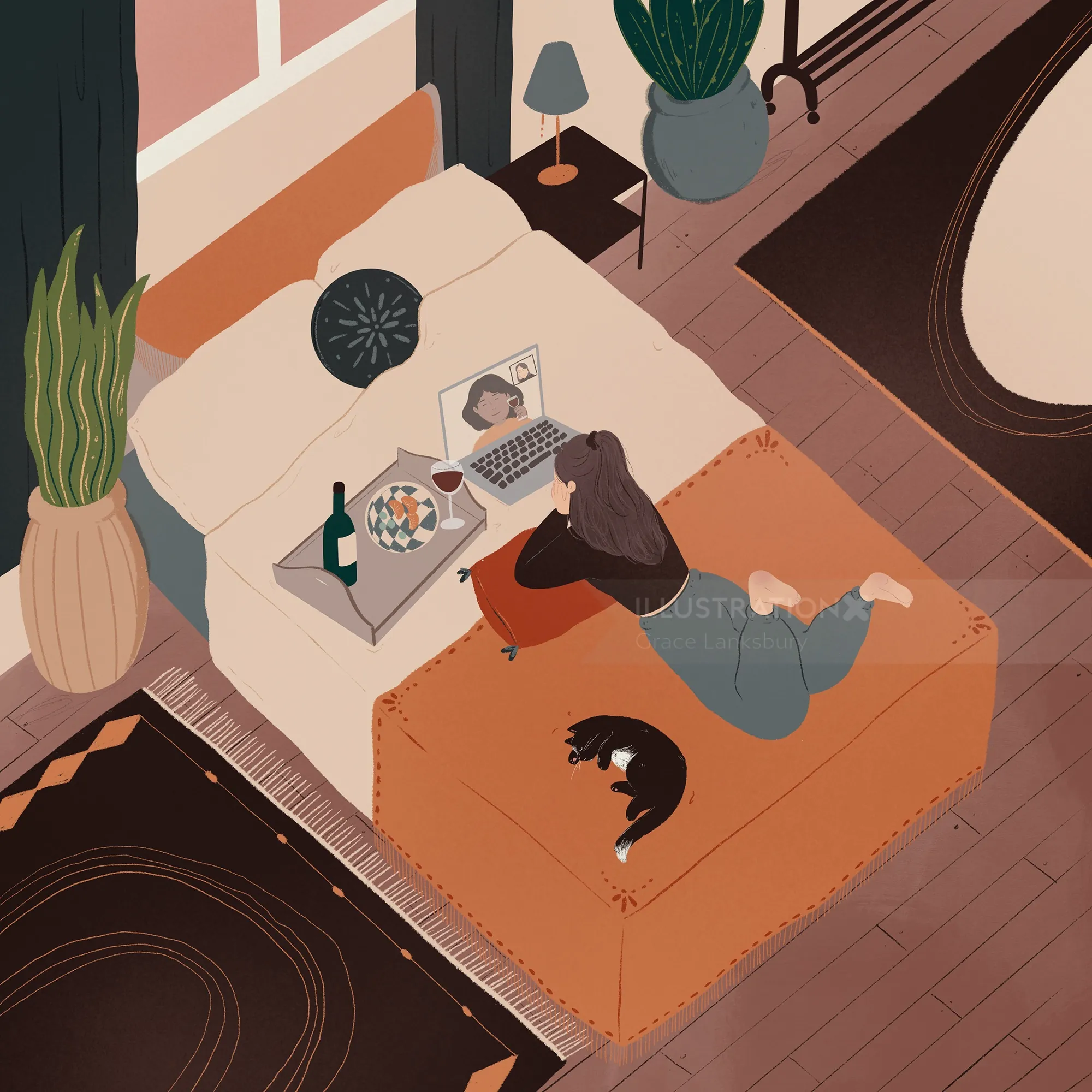 Woman lying on bed with laptop and cat beside her by Grace Lanksbury