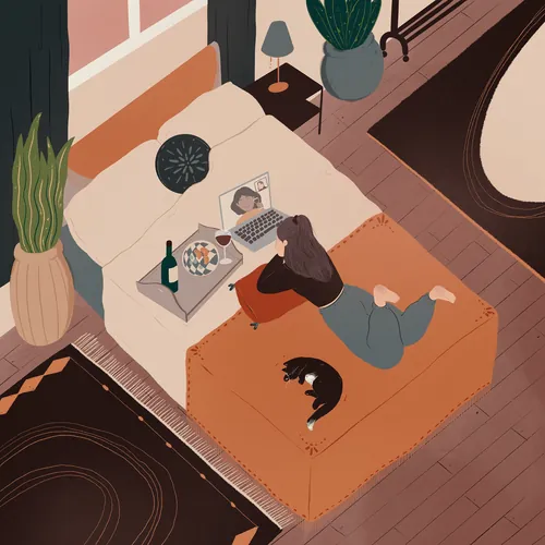 Woman lying on bed with laptop and cat beside her by Grace Lanksbury