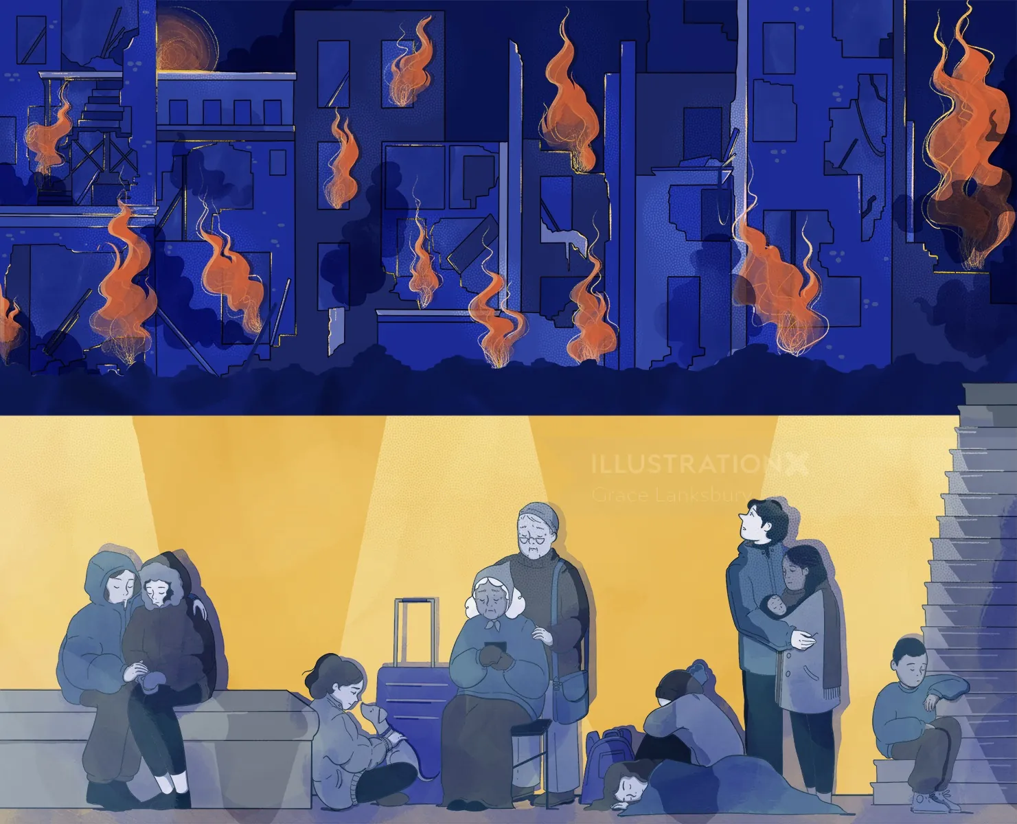 Two-panel artwork showing burning buildings and refugees resting, by Grace Lanksbury