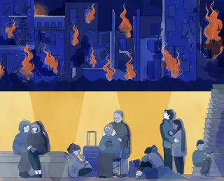 Two-panel artwork showing burning buildings and refugees resting, by Grace Lanksbury