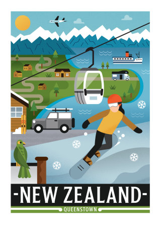 Cartel gráfico de vacaciones en Nueva Zelanda.
