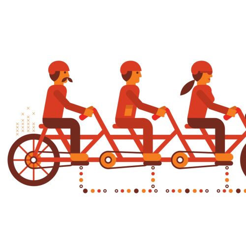 Graphic people riding big bicycle
