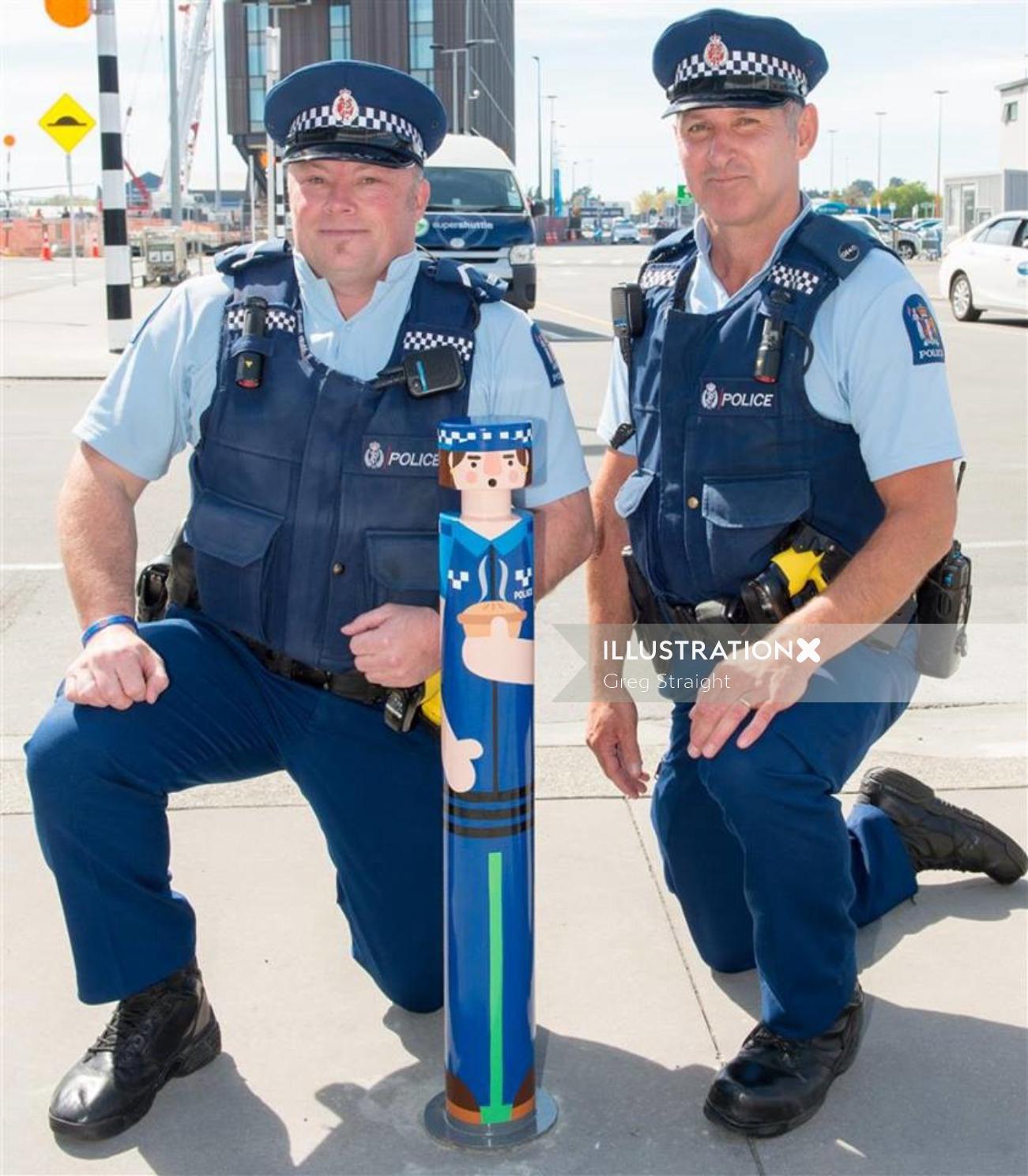 Policiais com poste de amarração pintado