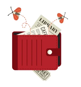 Illustration of a red wallet with tickets and butterflies by Greg Straight