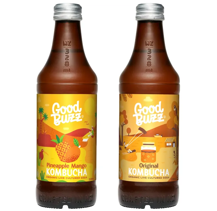 Good Bwzz pineapple mango and original Kombucha packaging illustration