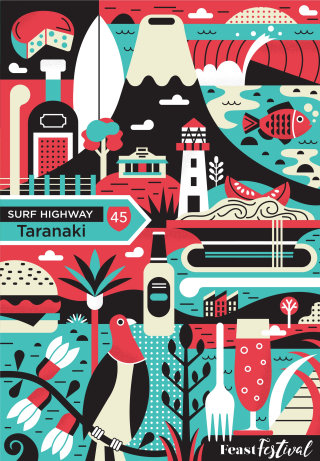 Ilustración del cartel del festival de la fiesta de taranaki 
