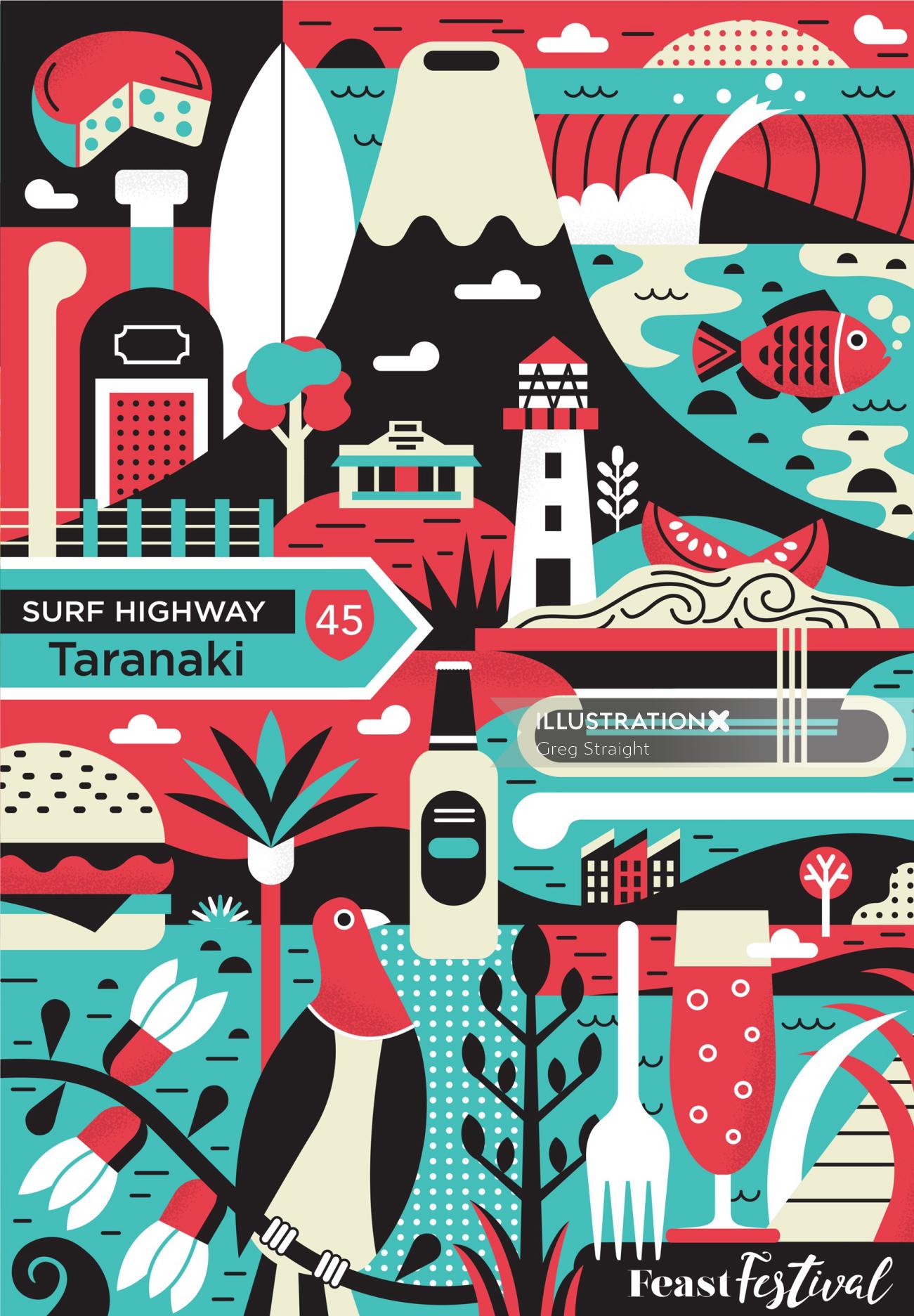 Taranaki feast festival poster illustration 