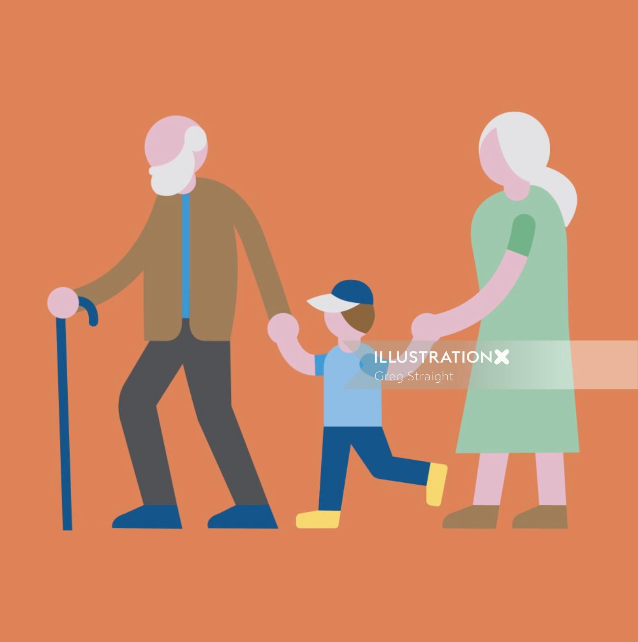 Desenho vetorial de avós caminhando com o menino