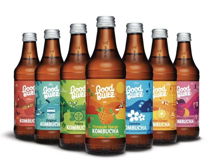 Advertising illustration of Good Bwzz Kombucha