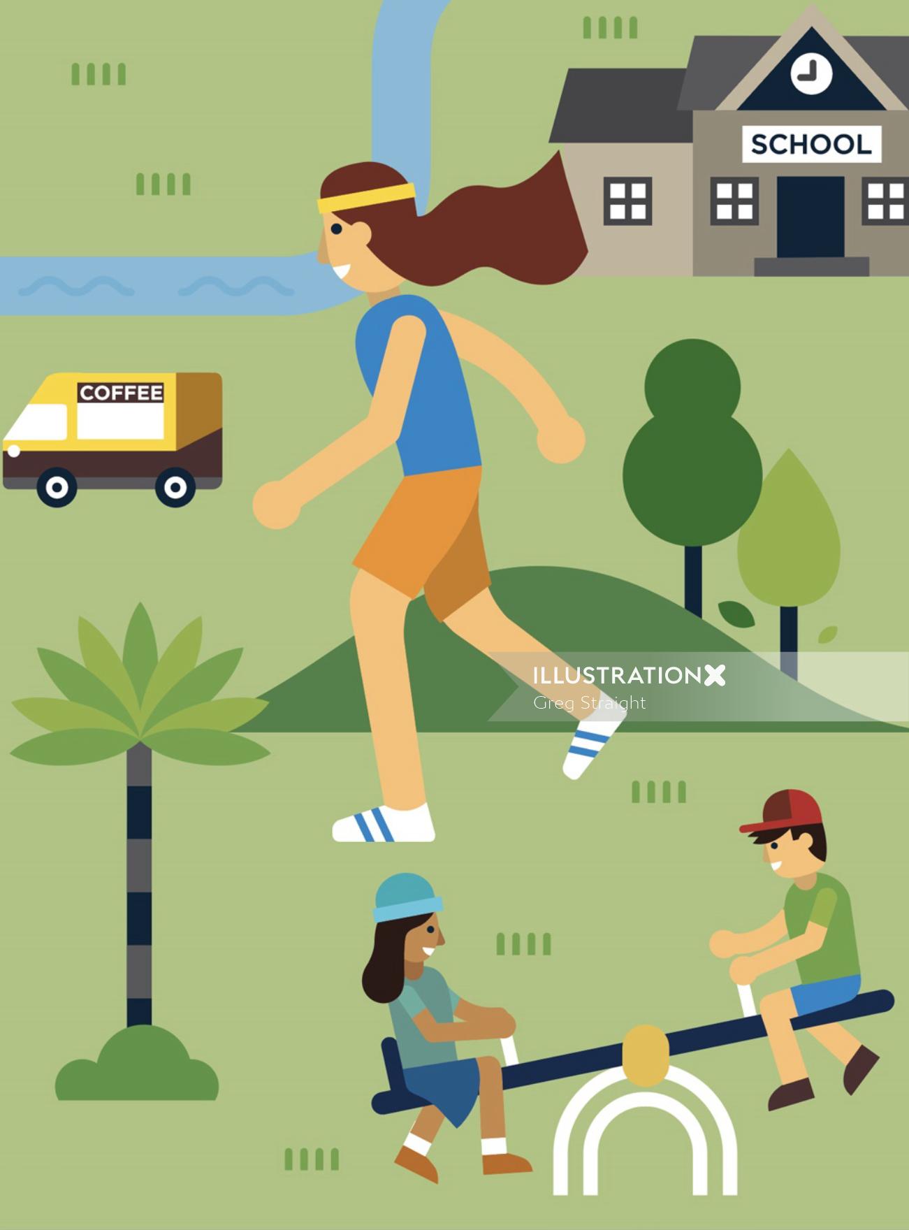 Girl running in a school park