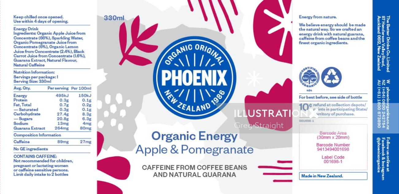 Ilustração do rótulo das bebidas da Phoenix Organic Energy