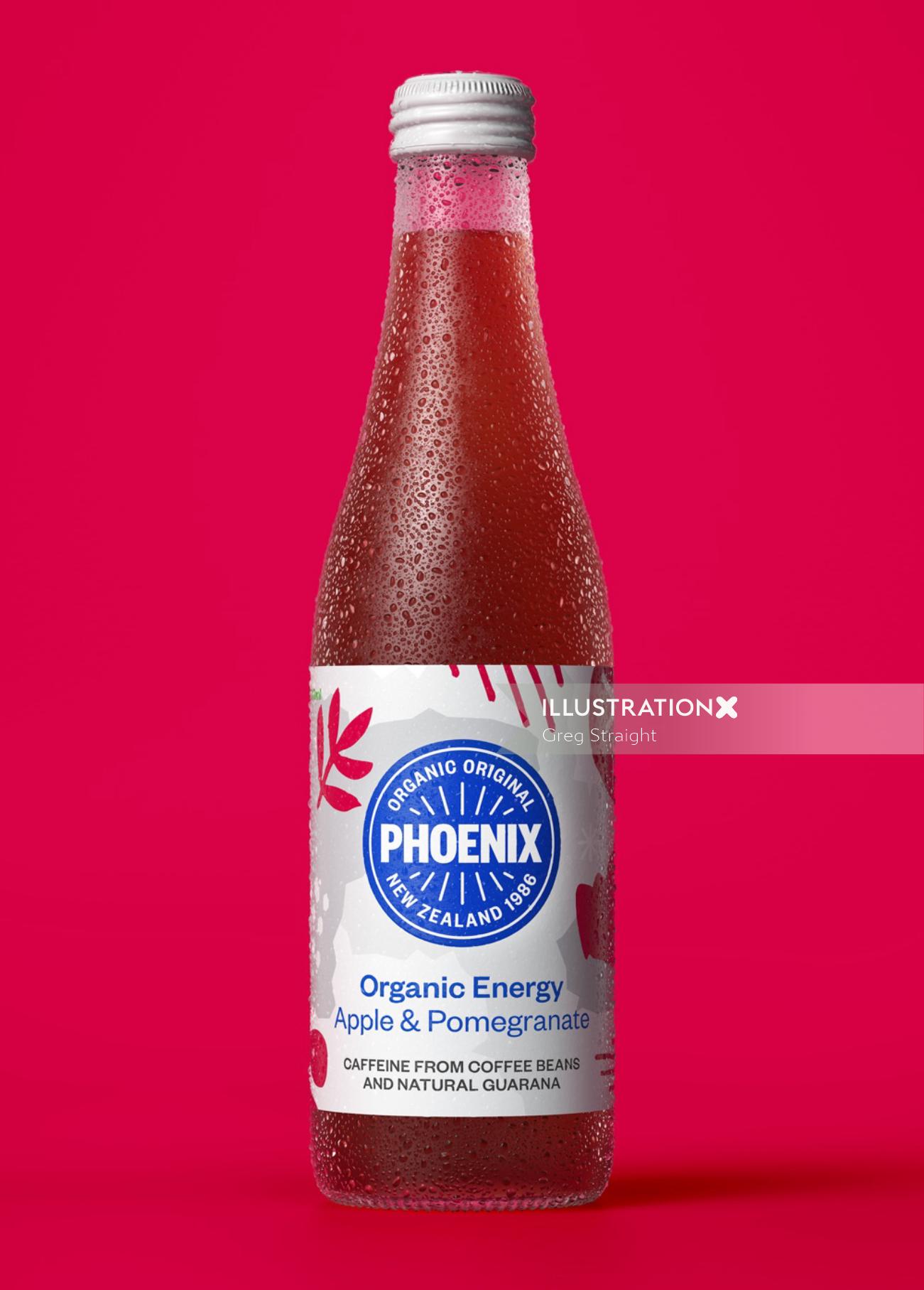 Embalagem de bebida Phoenix Organic Energy com sabor de maçã e romã